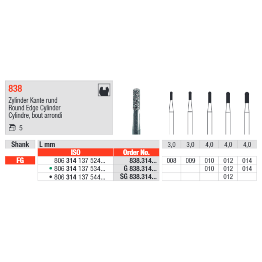 Edenta Round Edge Cylinder 838 Bur Pack of 5