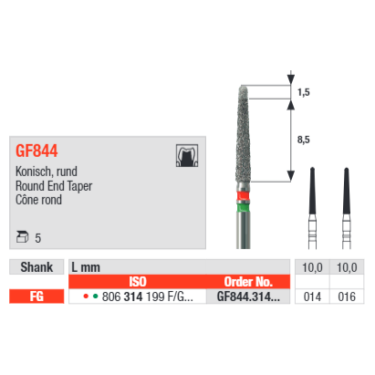 Edenta Round End Taper GF844 Bur Pack of 5